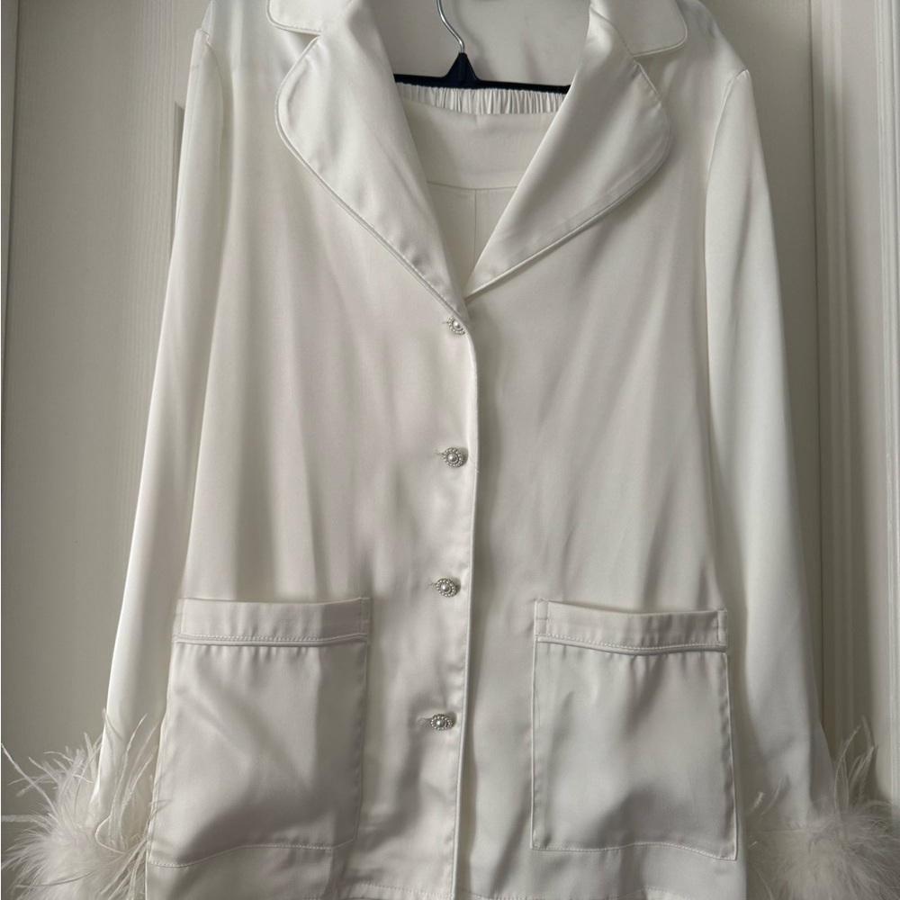 Nadine Merabi Elegant White Satin set with Feather Cuffs